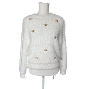 On 12th White Fuzzy Gold Bow Pullover Sweater Medium NWT